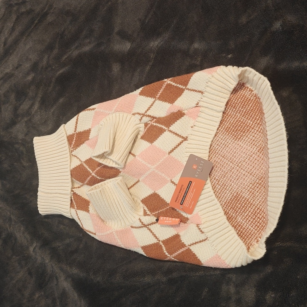 Pink and Brown Argyle Dog Sweater Large NWT